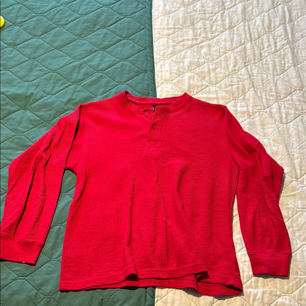 Red Long Sleeve Henley Shirt.